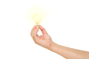 Burning incandescent lamp in his hand white background.Concept idea and energy.