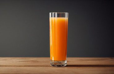 Vaso de Zumo de naranja, sobre mesa de madera y fondo madera