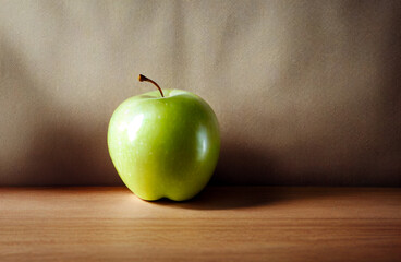 Manzana verde sobre mesa de madera y fondo café claro