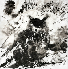 Eagle owl in the branches of trees. Sumi-e painting.