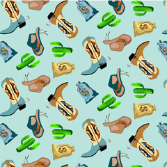 Seamless patter with linear cowboy items. Cowboy hat,   cowboy boots, cactus. Flat design on the theme of the Wild West, Mexico. Ornament for textile, surfaces.