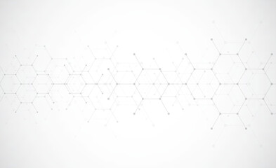 Naklejka premium Hexagons pattern on gray background. Genetic research, molecular structure. Chemical engineering. Concept of innovation technology. Used for design healthcare, science and medicine background