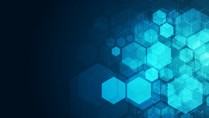 Hexagons pattern on blue background. Genetic research, molecular structure. Chemical engineering. Concept of innovation technology. Used for design healthcare, science and medicine background