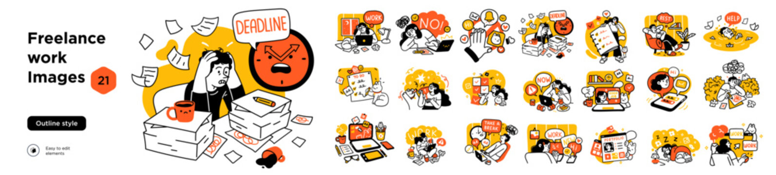 Remote Work Benefits, Limitations and Workflow Organization Concept illustrations. Collection of scenes with people organizing and improving their workflow. Vector illustration