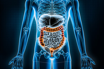 Large intestine 3D rendering illustration. Anterior or front view of the human digestive system and gastrointestinal tract or bowels. Anatomy, medical, biology, science, healthcare concepts.