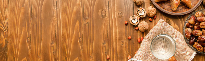 Dates, rosaries and baklava. Ramadan. Selective focus.