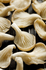 Fresh oyster mushrooms on a grill plate, focus on a mushroom inside, close-up view