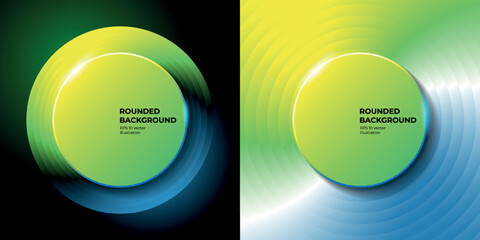 Green banner background with round glossy shapes and neon glitter, levitating 3D objects with reflection on a dark background