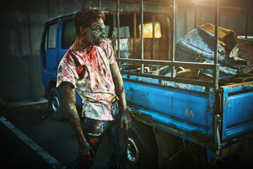 destroyed city with zombie