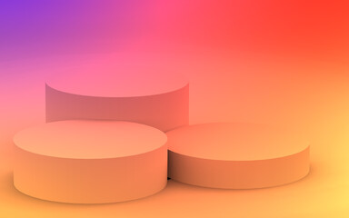 3d yellow orange and purple neon light cylinder podium minimal studio gradient colors background. Abstract 3d geometric shape object illustration render. Display for summer holiday product.