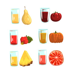 Glass of Fresh Squeezed Juice with Fruit and Vegetable Ingredient Rested Nearby Vector Set