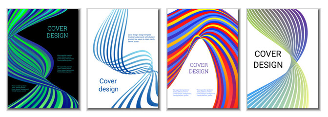 A set of 4 abstract covers. Wavy parallel gradient lines, ribbons evolve. Cover design, background. Trendy banner, poster.