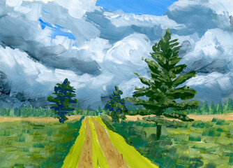 Painting in gouache of a trail or road running through rural farmland.