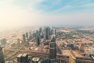 Fototapeta na wymiar Sunset of panoramic aerial view of downtown in Dubai