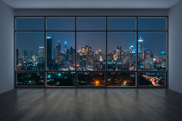 Fototapeta premium Empty room Interior Skyscrapers View Bangkok. Downtown City Skyline Buildings from High Rise Window. Beautiful Expensive Real Estate overlooking. Night time. 3d rendering.