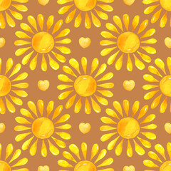 Watercolor summer yellow sun seamless pattern. Hand drawn cute  background. Repeatable texture, surface, wrapping paper, stationery, wallpaper,  fabric, paper, textile