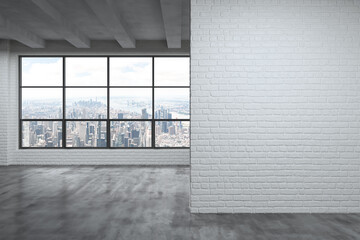 New York Manhattan City Skyline Buildings from High Rise Window. Real Estate overlooking. Empty room white wall mockup Interior Skyscrapers View Cityscape. Day time. Midtown and Downtown. 3d rendering