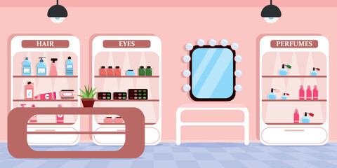 Vector illustration of modern interior cosmetics store. Cartoon interior with racks with various cosmetics, table, mirror.