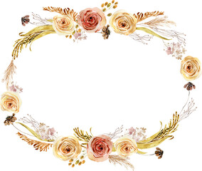 Wildflowers, acorn, fall leaves, herbs boho bouquet painted in watercolor. Dried pampas grass floral arrangement. Botanical boho elements isolated on white. Wedding invitation, greeting, card