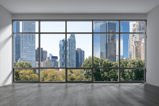 Empty Room Interior Skyscrapers View Cityscape. Central Park Midtown New York City Manhattan Skyline Buildings From Window. Beautiful Expensive Real Estate. Day Time. 3d Rendering.