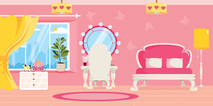 Vector illustration of modern interior girls room. Cartoon interior with bed, table, chair, mirror, combs, bedside table, flowerpot, lamp, window with access to the city.