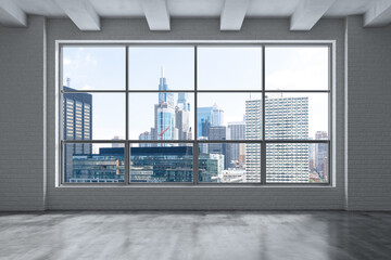 Empty room Interior Skyscrapers View Cityscape. Downtown Philadelphia City Skyline Buildings from High Rise Window. Beautiful Real Estate. Day time. 3d rendering.