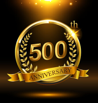 500th golden anniversary logo with ring and ribbon,wreath