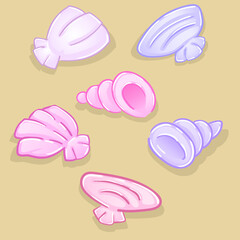 Clam shells and oysters. Sea decorations. Marine life underwater and on the beach. Isolated embellishments for postcards and vacation or travel advertising. Pink, purple and blue tint.