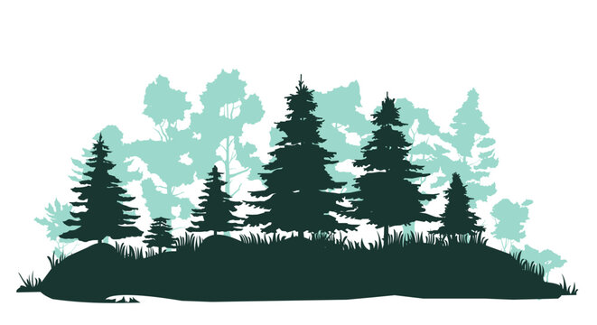Overgrown swamps. Coniferous forest with firs and pines. Landscape with trees and grass. Silhouette picture. Isolated on white background. Vector.