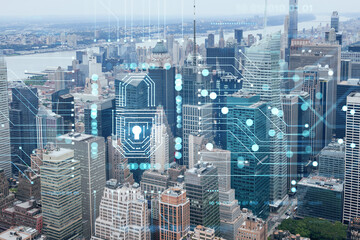 Plakat Aerial panoramic city view of Time Square area, Manhattan West Side and the Hudson River, New York city, USA. The concept of cyber security to protect confidential information, padlock hologram