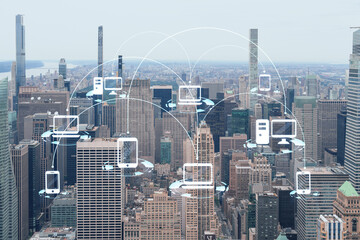 Fototapeta na wymiar Aerial panoramic city view of Upper Manhattan and Central Park, New York city, USA. Iconic skyscrapers of NYC. Social media hologram. Concept of networking and establishing new people connections