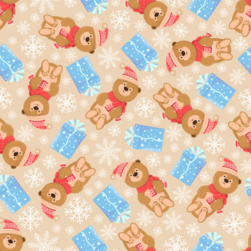 New Year's seamless pattern of teddy bears in a hat with a bubon, a scarf and blue boxes with gifts. On a beige background with snowflakes. It is well suited for gift wrapping, fabric decoration.