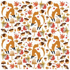 Autumn pattern with foxes, leaves, acorns, moths. Vector illustration. Background for fabric, wallpaper, design. Children's illustration.