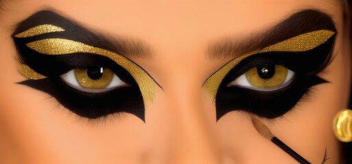 Illustration of an attractive woman applying  dramatic cat eye makeup staring into the camera