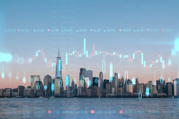 Skyline of New York City Financial Downtown Skyscrapers at sunset. Manhattan, NYC, USA. View from New Jersey. Forex candlestick graph hologram. The concept of internet trading, brokerage, analysis