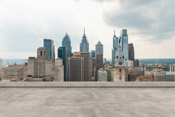 Skyscrapers Cityscape Downtown, Philladelphia Skyline Buildings. Beautiful Real Estate. Day time. Empty rooftop View. Success concept.