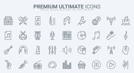 Music thin line icons set vector illustration. Outline acoustic instruments, notes and musical digital technology symbols, interface menu buttons and volume control pictogram, microphone and headphone
