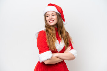Young caucasian woman with Christmas dress isolated on white background with arms crossed and happy