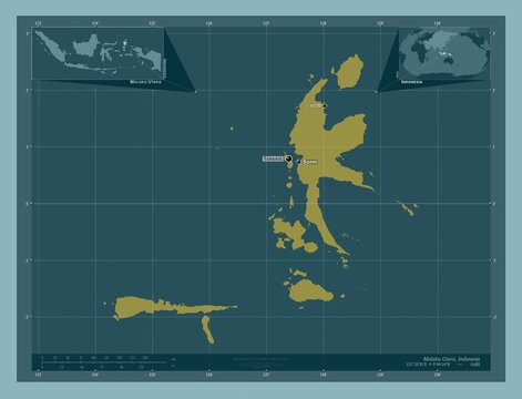 Maluku Utara, Indonesia. Solid. Labelled points of cities