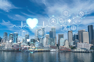 Seattle skyline with waterfront view. Skyscrapers of financial downtown at day time, Washington, USA. Health care digital medicine hologram. The concept of treatment and disease prevention