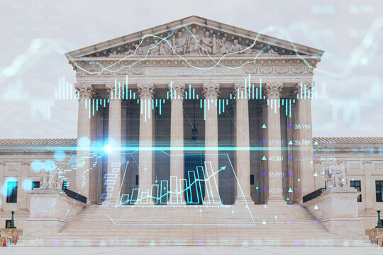 Front view of the iconic building of United States Supreme Court at day time, Washington DC, USA. Judicial branch. Forex candlestick graph hologram. Concept of internet trading, brokerage, analysis