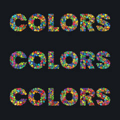 Colors font alphabet letters. Modern logo typography. Color creative art typographic design. Festive letter set. Colors festival, headline, color cover title, colorful circles. Isolated vector typeset