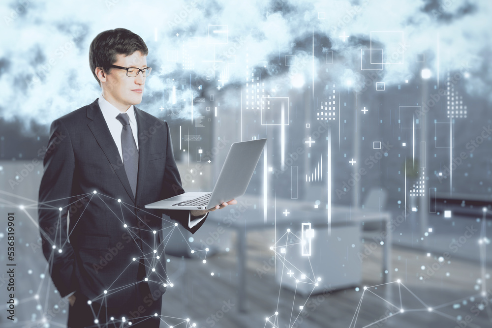 Poster Young european businessman with laptop and creative image of cloud data icons on blurry background. Cloud computing, big data, technology and database concept. Double exposure.