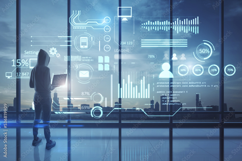 Aufkleber hacker using laptop with creative glowing business chart interface hologram on blurry panoramic office windows with city view background. Company digital data, guide and computer analysis concept