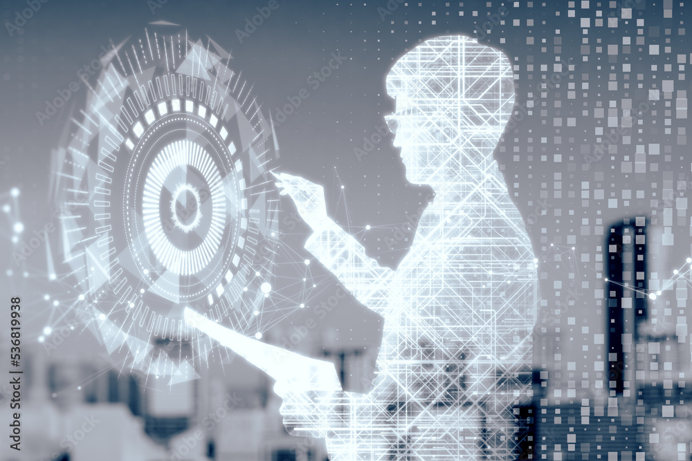 Poster man silholuette with hud screen or button on blurry polygonal backdrop with various details. Artificial intelligence, machine learning and digital transformation concept. Double exposure.