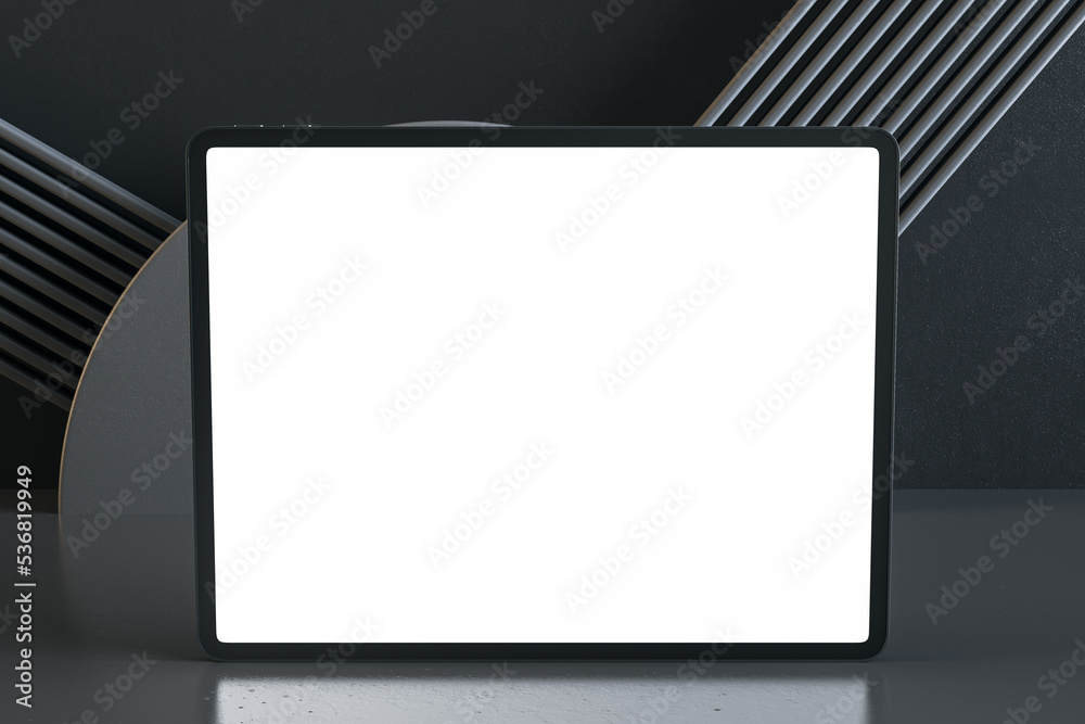 Poster front view on blank white modern digital tablet screen with place for your logo or text on stylish d