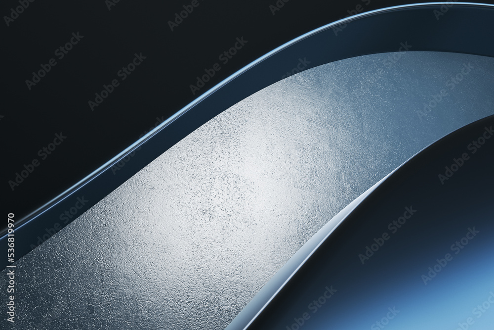 Poster abstract graphic stylish background with metallic and concrete wavy detail on dark blue backdrop. 3d