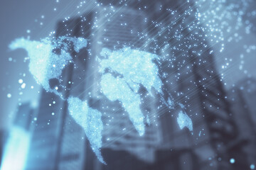 Creative map hologram on blurry city background. Digital globe and international communication concept. Double exposure.
