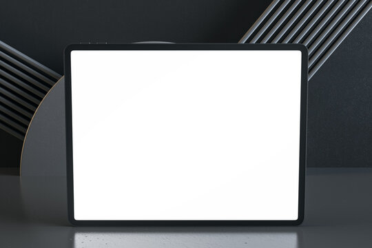 Front view on blank white modern digital tablet screen with place for your logo or text on stylish dark background. 3D rendering, mock up