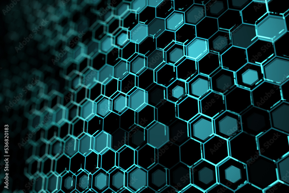 Poster Creative blue hexagonal background. Technology, design and landing page concept. 3D Rendering.